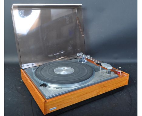 Swiss Lenco Goldring GL75 model turntable in teak surround together with a pair of vintage teak cased Vintage Accoustic Resea