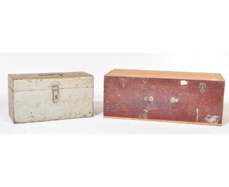 A collection of vintage 20th century woodworking tools in tin metal boxes to include files, pliers, hand saws, screws, chisel