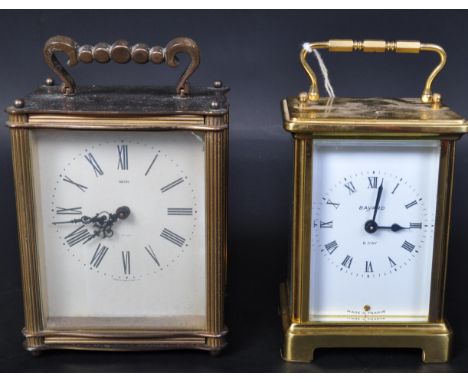 Two vintage carriage clocks comprising a Smiths example and an example by Bayard. Both brass cased with swing handles and ena