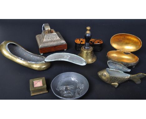 A collection of 19th &amp; 20th century snuff boxes to include brass hip snuff box, snuff in the form of a fish, lozenge shap