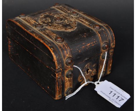 A late 18th century King George III copper Britannia penny in wooden fitted case in the shape of a treasure chest. The observ