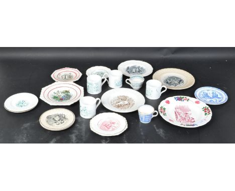 A collection 19th Century china and ceramic Victorian nursing pottery. Including; blue and white punch and Judy print, green 