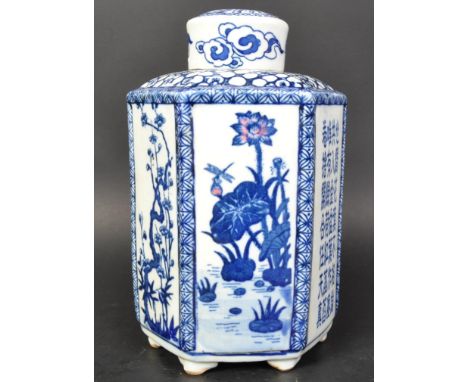 A 19th century Chinese ceramic ginger jar. The tea caddy having octagonal body and lid being hand painted in blue and white w