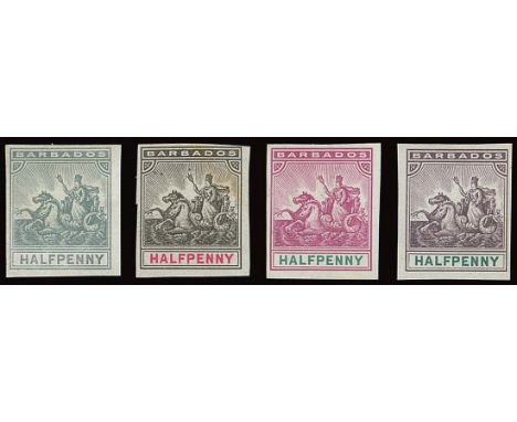 Barbados1892-1903 Seal of Colony IssueImperforate Colour Trials½d. (7) comprising one in slate-grey, two with design in purpl