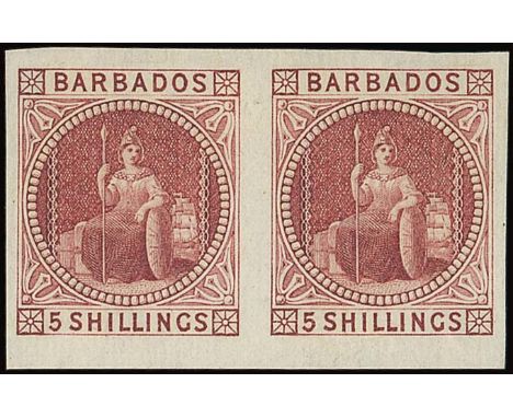Barbados1873 (June) Watermark Small Star, Five ShillingsImperforate Plate Proofs5/- in maroon on wove paper, a horizontal pai