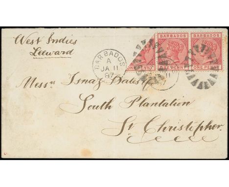 Barbados1882-86 Watermark Crown CAIssued Stamps1d. rose strip of three with one bisected diagonally, clearly tied by duplex o