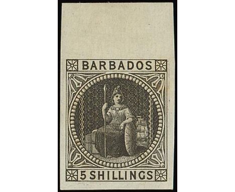 Barbados1873 (June) Watermark Small Star, Five ShillingsImperforate Plate Proofs5/- in black on wove paper with sheet margin 