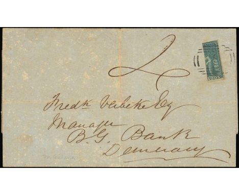 Barbados1852-55 Blued Paper IssueCovers1854 (21 Aug.) entire to Demerara, rated "4", bearing (2d.) greyish slate bisected ver