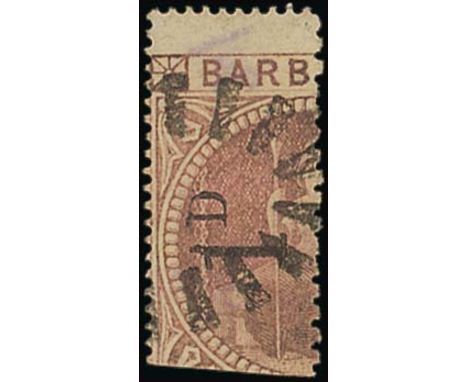 Barbados1878 1D. ProvisionalsLarge numeral "1", 7mm. high with curved serif, and large letter "D", 2¾mm. high (Type A)A left 