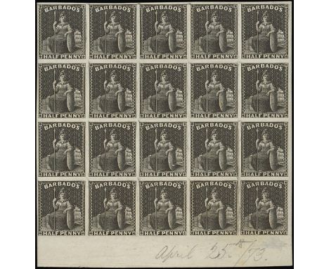 Barbados1874-75 Watermark Large Star, Perf 14Plate Proofs½d. in black on wove paper, a block of twenty (5x4) with sheet margi