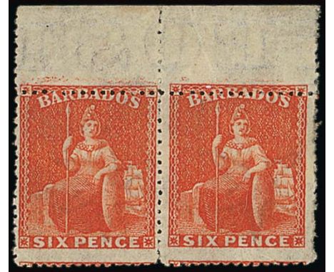 Barbados1873 Watermark Large Star, Clean-cut Perf. 14½ to 15½6d. orange-vermilion horizontal pair with sheet margin at top, u