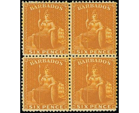Barbados1875-80 Watermark Crown CCPerforated 146d. chrome-yellow block of four, unused with large part original gum, each wit