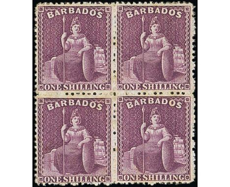 Barbados1875-80 Watermark Crown CCPerforated 141/- purple block of four, unused with large part original gum, good colour, ea