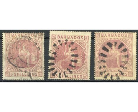 Barbados1873 (June) Watermark Small Star, Five ShillingsIssued Stamps5/- dull rose, three used examples, two cancelled by 'bo