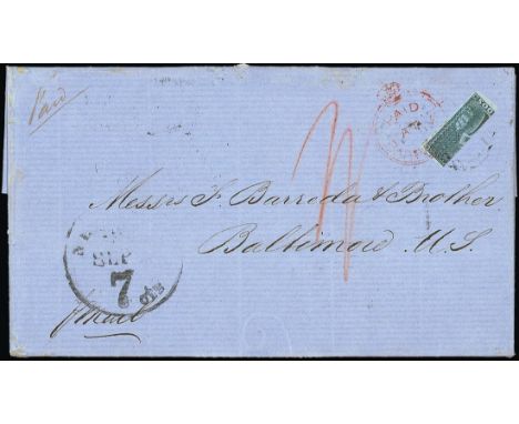 Barbados1852-55 Blued Paper IssueCovers1854 (11 Aug.) entire letter to Baltimore, rated "1/-" in red, bearing (2d.) greyish s