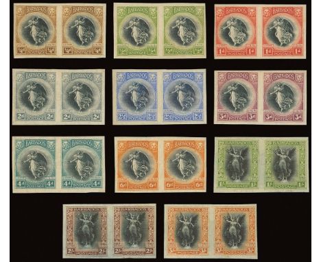 Barbados1920-21 Victory IssueImperforate Plate Proofs¼d. to 3/- set of eleven horizontal pairs in issued colours on gummed wa