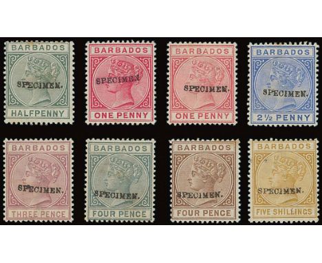 Barbados1882-86 Watermark Crown CASpecimen Stamps½d., 1d. (2 shades), 2½d., 3d., 4d. grey, 4d. pale brown and 5/-, each hands