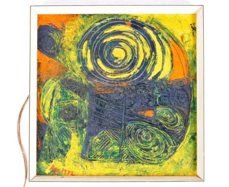 Circumsolar - An original retro vintage 1970's Cornish abstract gouache oil painting on board entitled Circumsolar. Vibrant y