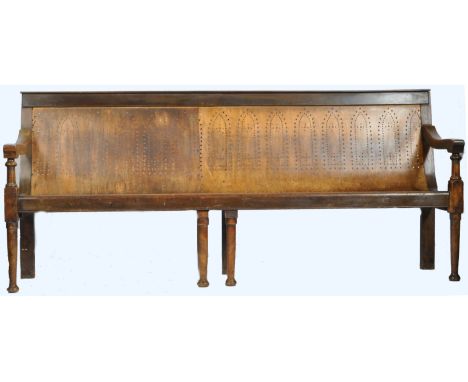 A large and impressive antique 19th Century French fruit and bentwood waiting room / railway bench settle having a raised bac