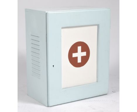 A retro vintage 20th Century upcycled painted hanging medicine / bathroom cabinet finished in light blue with cross to the ce