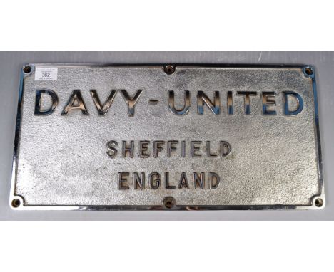 Davy-United - An original retro vintage mid 20th Century Engineering company enamel type sign made from polished cast metal w