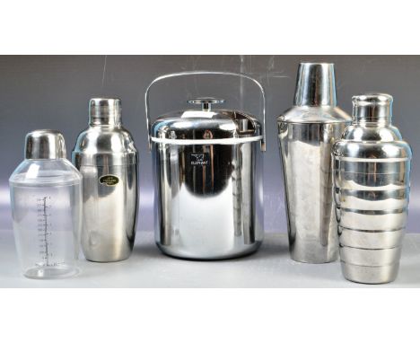 A collection of original retro vintage 20th Century cocktail bar items to include an Elephant brand ice bucket, three chrome 