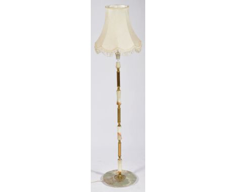 A retro vintage mid Century onyx and brass freestanding upright standard lamp light having green marble and brass turned colu