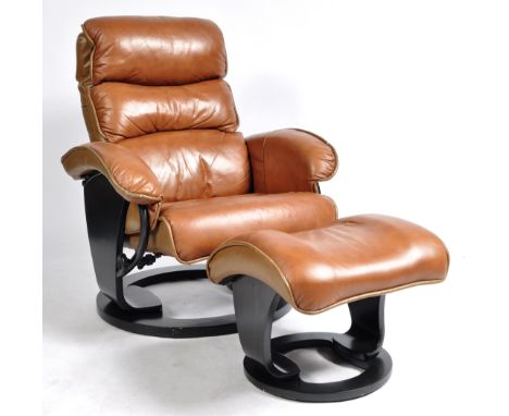 A retro vintage 20th Century Danish reclining leather armchair / arm chair and matching footstool in the manner of Ekornes. B
