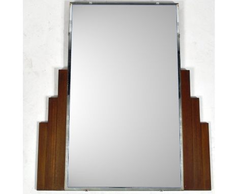 An original antique vintage early 20th Century Art Deco wall mirror having a central bevelled glass mirror panel of rectangul