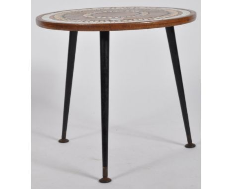 A retro vintage mid 20th Century teak and tile mosaic top side lamp / drinks plant table of simple form having a teak circula