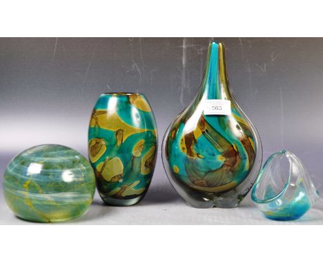 Michael Harris - Mdina - A collection of four retro vintage studio art glass pieces comprising a Tiger pattern fish head / ax