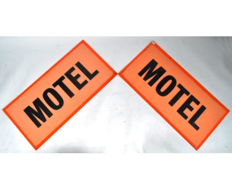 A matching pair of retro vintage 20th Century Motel acrylic advertising signs having orange ground with further applied acryl