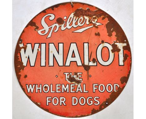 Winalot - Spiller - An original retro vintage 20th Century advertising point of sale enamel shop sign. The circular enamel si