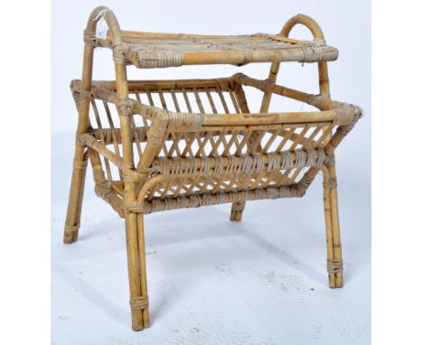 A vintage retro mid 20th Century magazine rack / Canterbury holder side table of cane and bamboo construction having a rectan