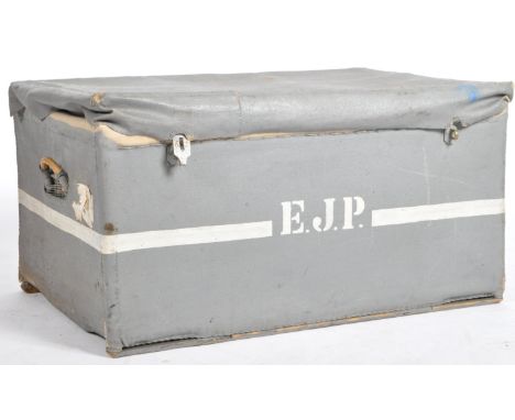 A large retro vintage early - mid 20th Century wicker and canvas steamer trunk luggage chest / basket having grey painted can