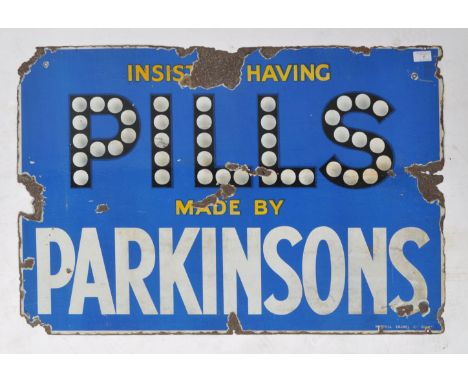 Parkinson's Pills - A vintage 20th Century point of sale shop / chemist display advertising enamel sign reading ' Insist Havi