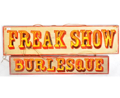 Two original retro vintage mid 20th Century circus fairground ride painted wooden signs tags / sideshow gaff boards comprisin