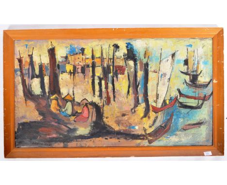 Edward Tan - Singaporean Artist - An original retro vintage large 1960's oil on canvas abstract painting depicting a dockside