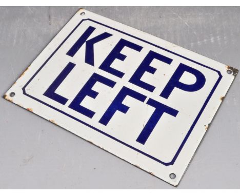 A retro vintage early 20th Century enamel ' Keep Left ' road sign having a white enamel ground with bold cobalt lettering and