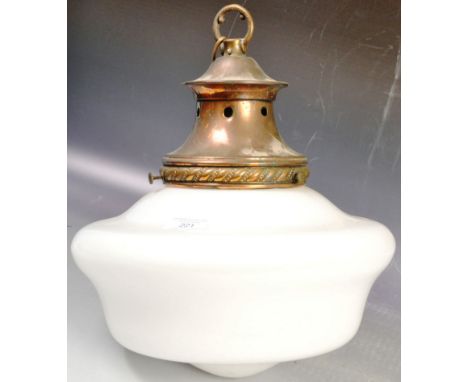A retro vintage mid 20th Century opaline white glass ceiling light lamp shade having a copper screw fitting with shaped white
