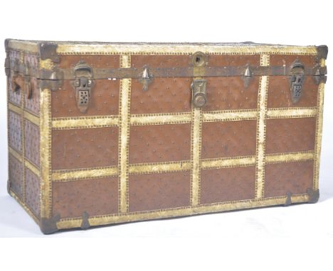 An antique vintage early 20th Century 1909 large travel steamer trunk / travellers suitcase chest of deep rectangular form of
