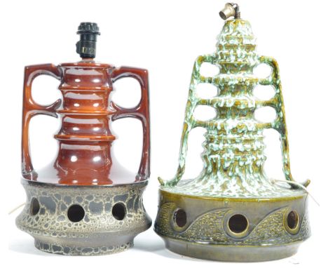 Two retro vintage 20th Century West German Fat Lava table lamp light of bulbous form, each with twin handles and needlework s