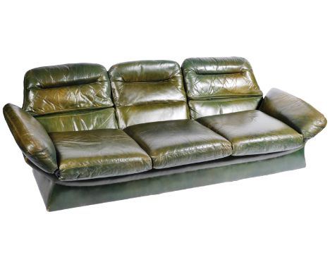 An original retro vintage mid 20th Century 1970s Italian style full grain leather three-seater sofa settee. Green leather, wi