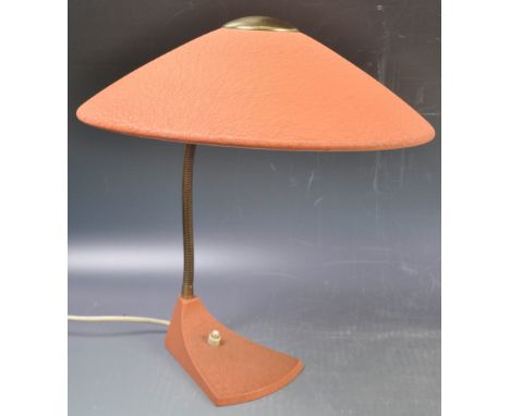 Attributed to Stilnovo - A retro vintage mid 20th Century industrial gooseneck lamp having a coral pink mottled enamel pendan