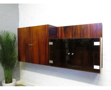 A retro vintage 20th Century Danish two part wall modular hanging / mounted wall unit / cupboard&nbsp;shelving system. Both w