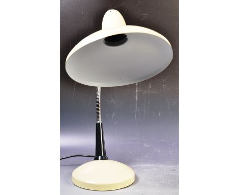 A retro vintage mid 20th Century French industrial work desk lamp light having a cream enamel satellite shade with chrome goo