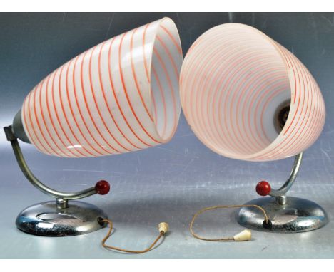 A pair of retro vintage mid 20th Century ceiling / wall lights / lamp sconces having frosted glass shades with red banded dec