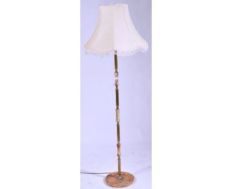 A retro vintage mid Century onyx and brass freestanding upright standard lamp light having green marble and brass turned colu