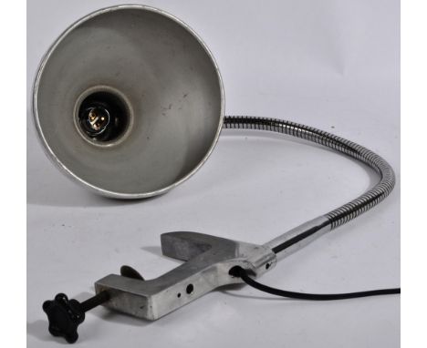 A retro vintage mid 20th Century aluminum and chrome workmen's industrial table / desk clamp lamp light having an aluminum pe