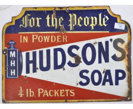 Hudson Soap - A vintage early 20th Century Industrial Hudson`s Soap advertising point of sale shop enamel porcelain sign. Yel